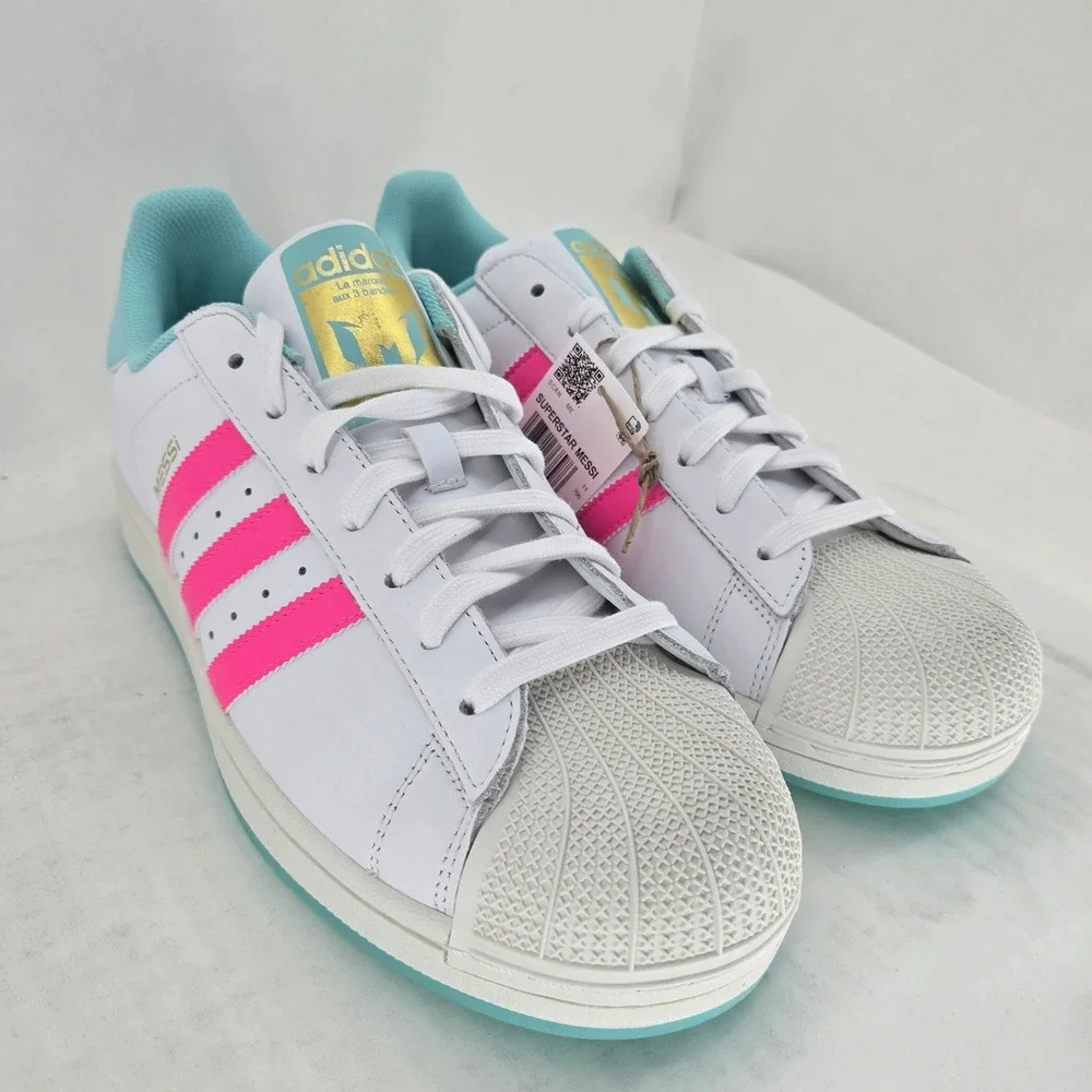 Adidas Superstar Messi JR1979 White Pink Aqua Blue Shell Toe Shoes Mens 11.5